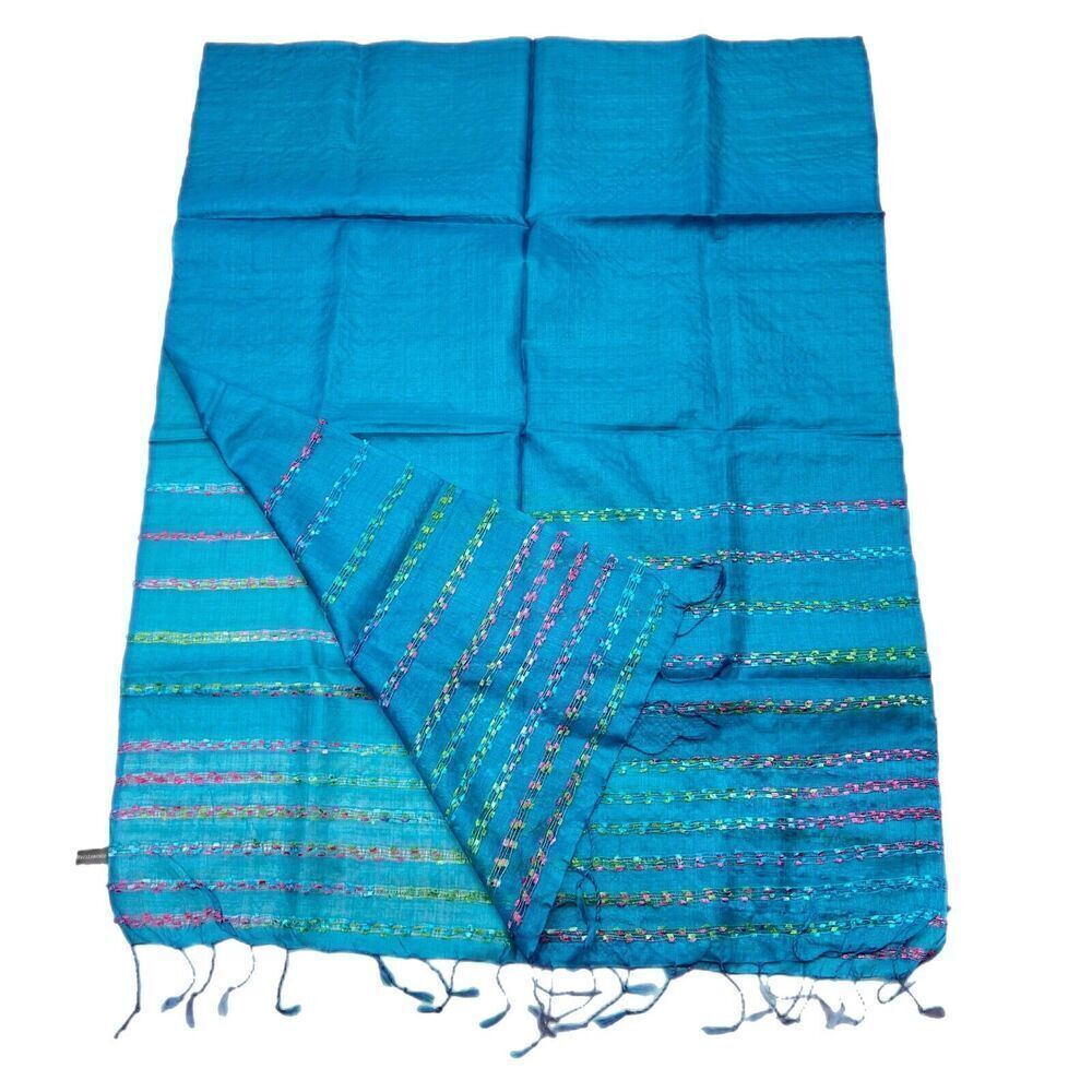 100% Silk Shawl Wrap Scarf Fringe Lightweight Blue Embroidered 28 in x 72 in